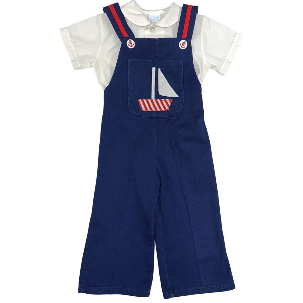 Vintage Baby Boys Red White Blue Sailboat Sailor Shirt & Overalls Set